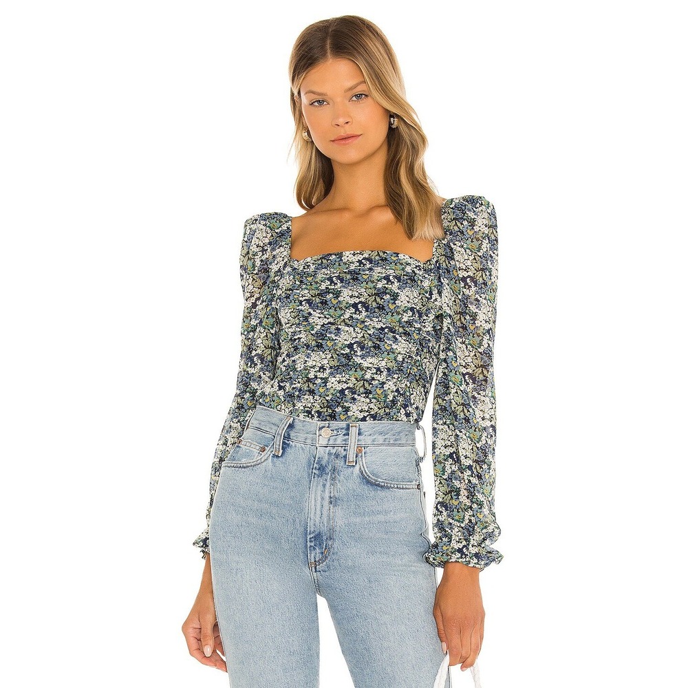 Romantic ASTR The Label Floral Ruched Smocked Square Neck Blouse M
